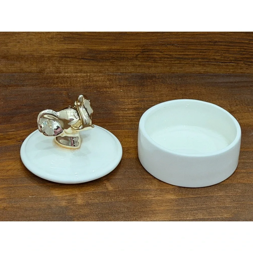 Elephant Jewelry Box and Trinket Dish Ring Holder White With Metallic Gold Set 2